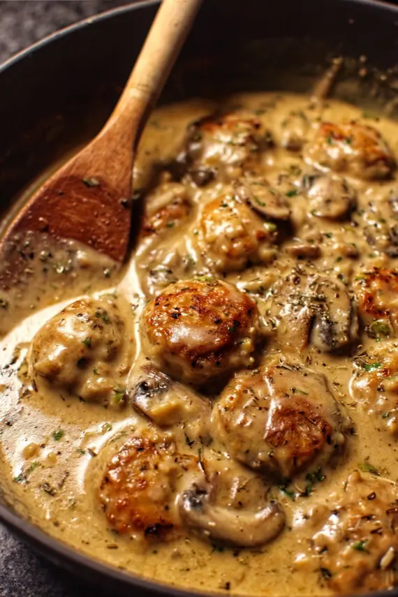 Turkey sausage mushroom gravy being poured over mashed potatoes