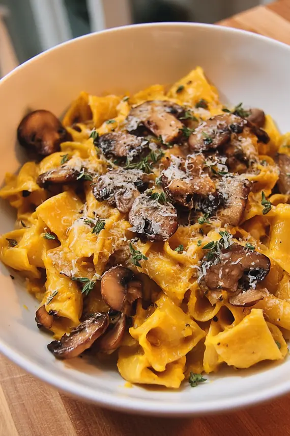 Close up of butternut squash pasta with mushrooms served in a bowl