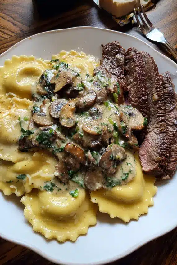 Homemade steak mushroom ravioli with sage butter sauce
