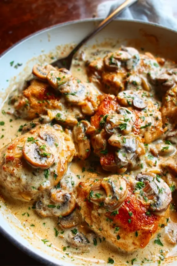 Close-up of rich creamy mushroom sauce with herbs being spooned over golden chicken thighs