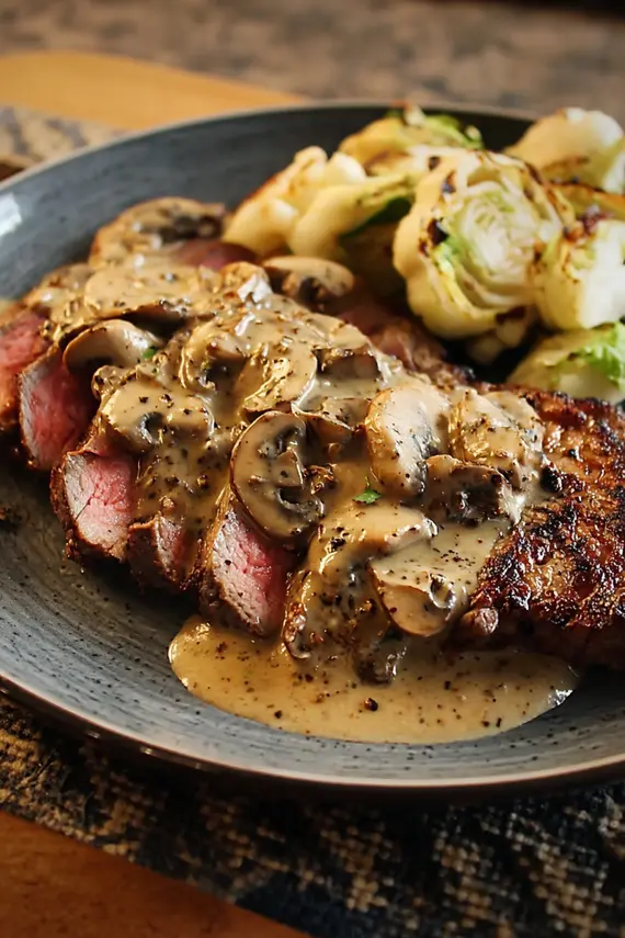 Close-up of creamy mushroom peppercorn sauce being poured over sliced ribeye steak