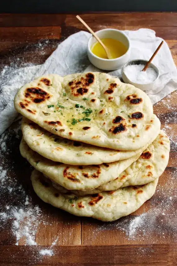 Fresh naan dough being shaped and prepared for cooking