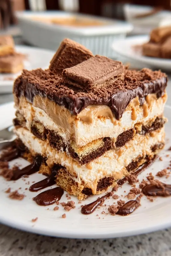 Peanut butter icebox cake with layers of graham crackers and chocolate