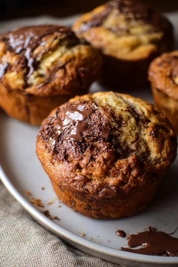 Nutella stuffed peanut butter banana muffins showing the gooey chocolate center