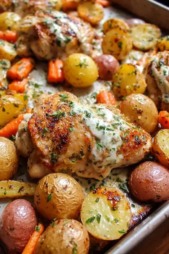 Delicious Sheet Pan Ranch Chicken with roasted vegetables on a metal baking sheet