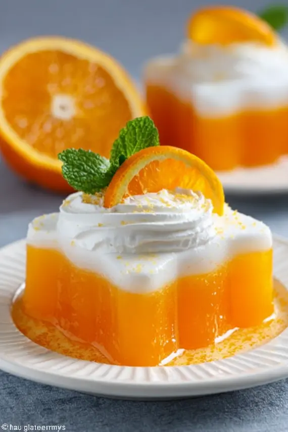 Orange gelatin cake with fresh fruit garnish