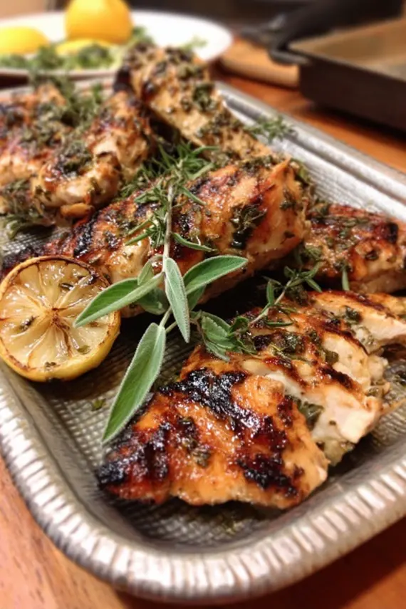 Juicy grilled chicken oregano with fresh herbs and lemon