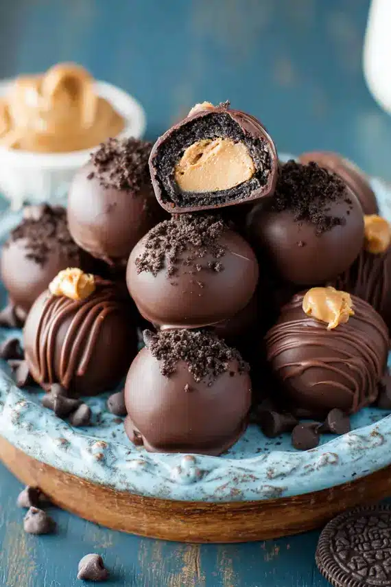 Oreo peanut butter truffles with chocolate coating and decorative drizzle