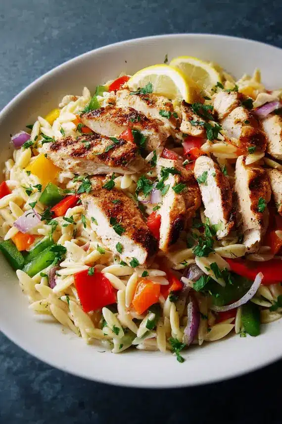 Cajun Chicken Orzo Salad served in a beautiful bowl with fresh herbs
