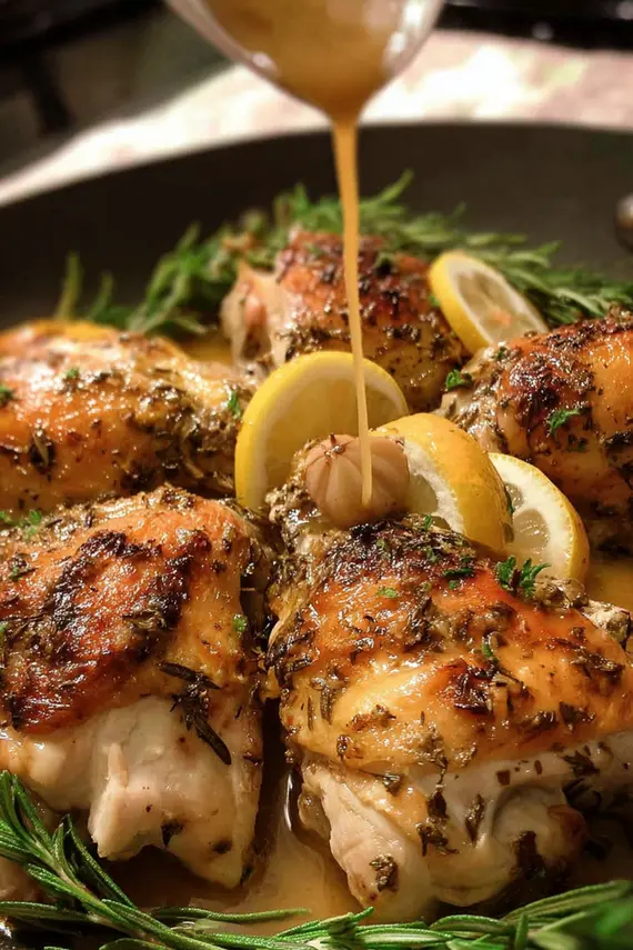 Herb chicken served with vegetables and lemon slices