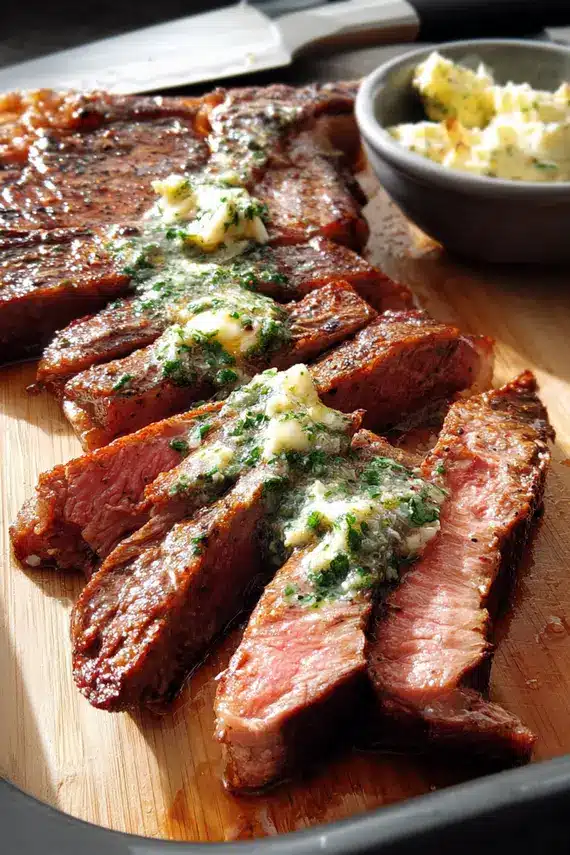 Perfectly seared steak with garlic butter sauce being spooned over the top