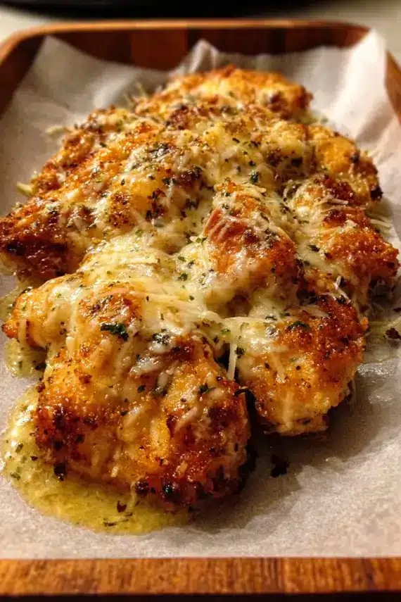 Baked Garlic Parmesan Asiago Chicken with golden crust on a white plate