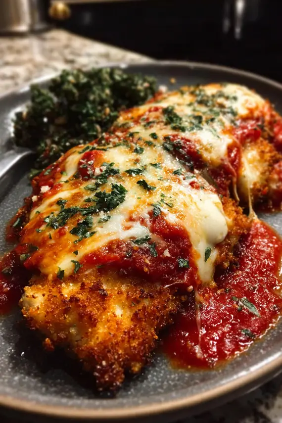 Close-up of the crispy parmesan crust on chicken parmesan showing golden-brown texture