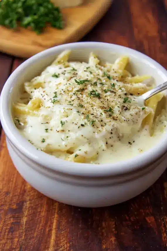 Parmesan Asiago Cream Sauce being poured over pasta