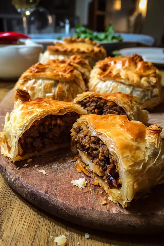 Spiced lamb pastry parcels arranged on a serving platter with yogurt dipping sauce and fresh herbs