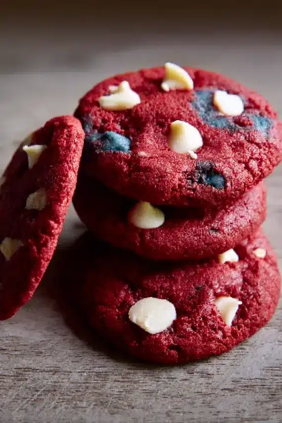 Red white blue red velvet cookies arranged on a serving platter with patriotic decorations