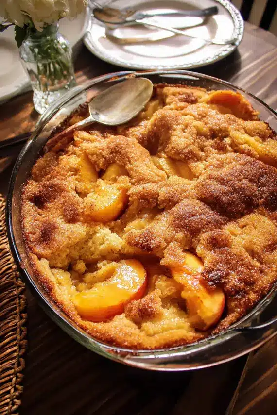 Freshly baked peach dump cake with golden brown topping and bubbling fruit filling