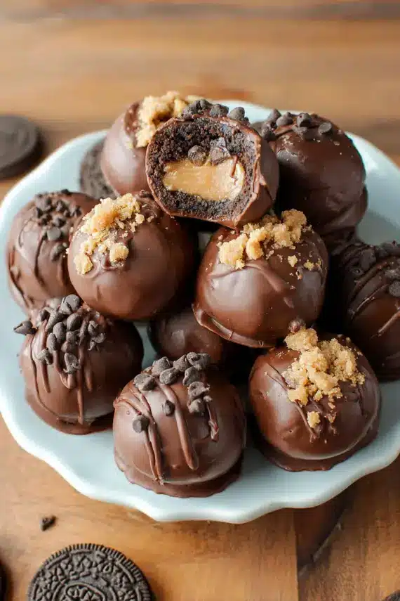 Oreo peanut butter truffles arranged on a dessert board with fresh berries