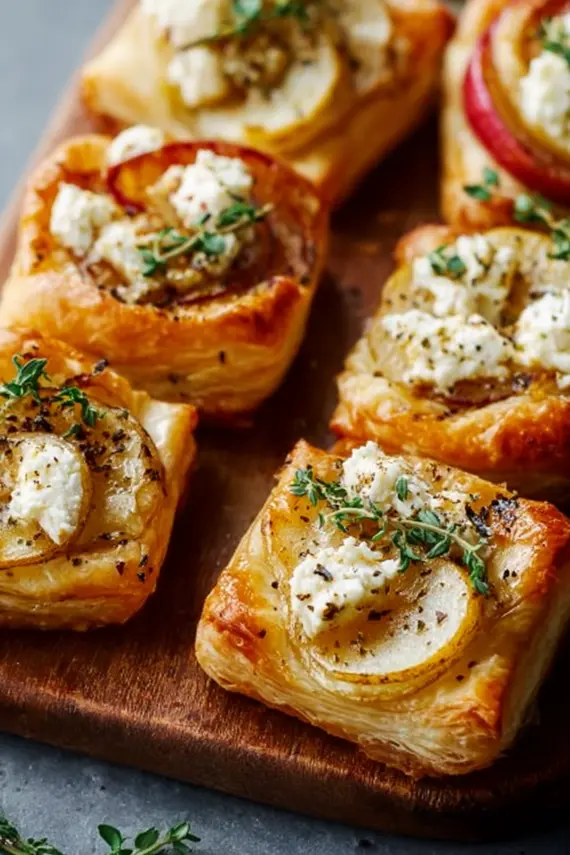 Freshly baked pear goat cheese puff pastry tarts on a wooden serving board