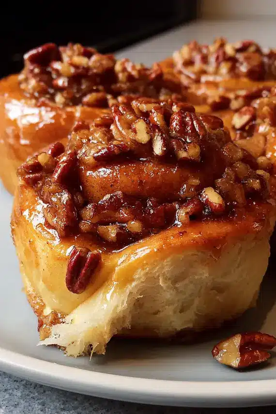Sticky buns with pecans served on a rustic wooden platter with coffee