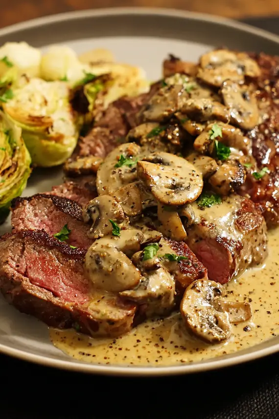 Perfectly cooked ribeye steak with mushroom peppercorn sauce