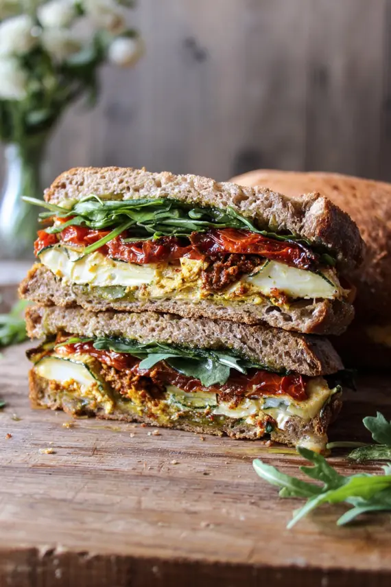 Freshly prepared sun dried tomato pesto sandwich sliced diagonally on a wooden cutting board