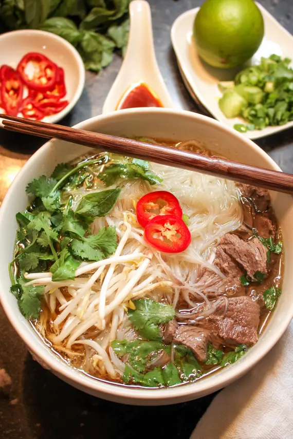 Bowl of steaming pho broth with thinly sliced beef and fresh herbs
