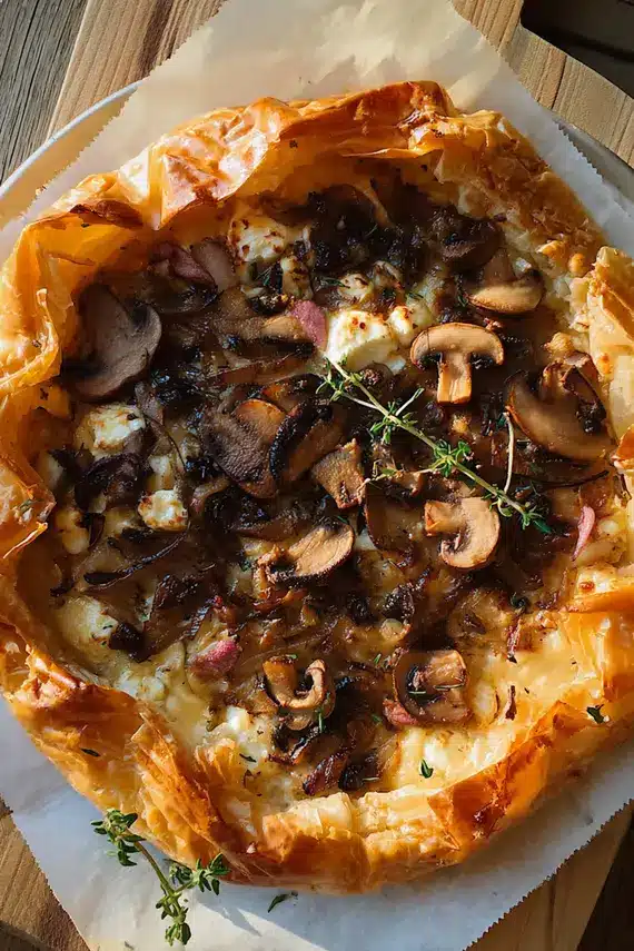 Mushroom Caramelized Onion Phyllo Tart freshly baked with golden crust