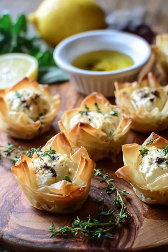 Lemon Goat Cheese Phyllo Bites arranged on a serving platter with garnishes