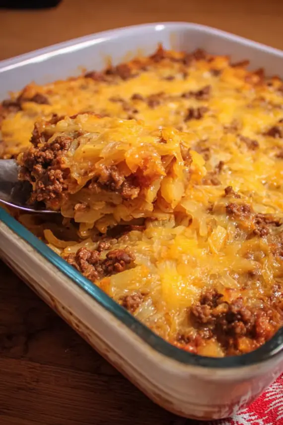 Serving of Beef Sauerkraut Pineapple Casserole on a plate with a fresh side salad