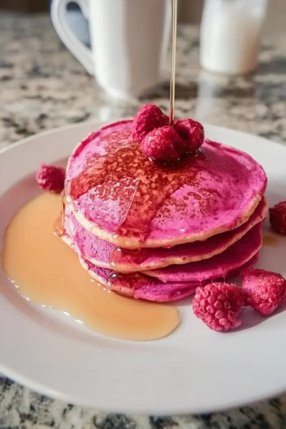 Pink pitaya blender pancakes on a plate with fresh fruits and maple syrup