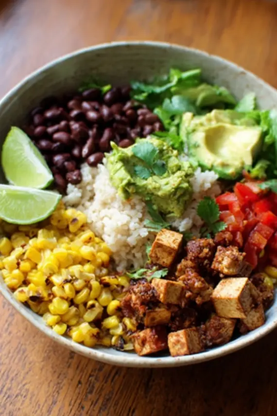 Overhead view of multiple plant based vegan burrito bowls arranged on a wooden table with garnishes