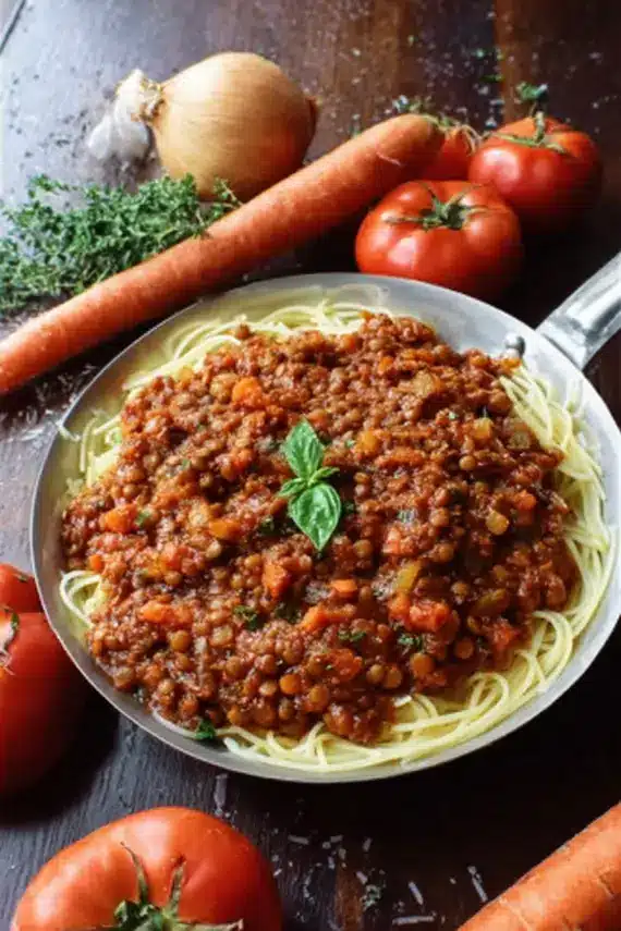 Plant based vegan bolognese sauce being served over pasta with garnishes