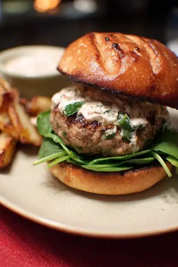 Poblano pepper burger served with sweet potato fries and fresh guacamole