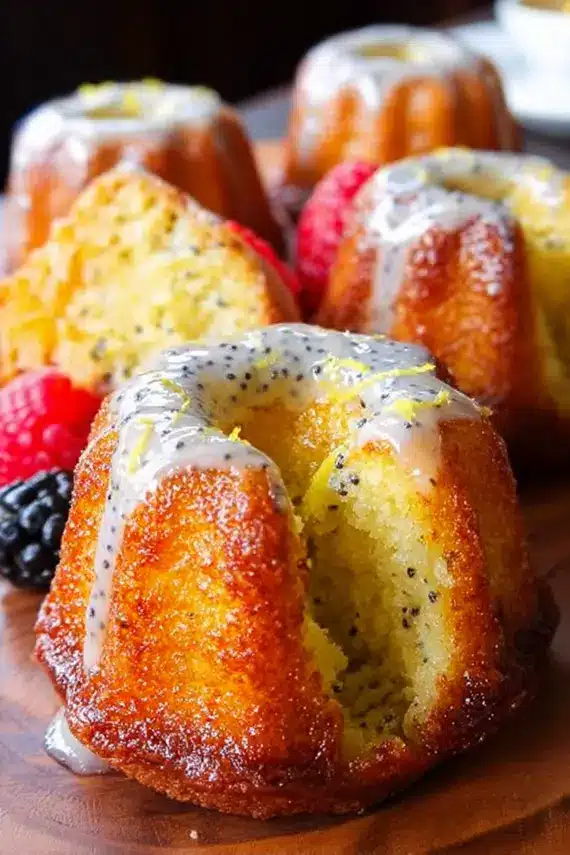 Sliced mini lemon poppy seed bundt cake showing interior texture with poppy seeds