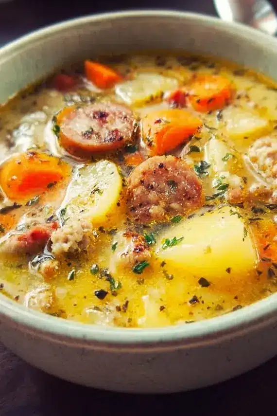 Bowl of Italian Sausage Potato Soup topped with crispy sausage crumbles and fresh herbs