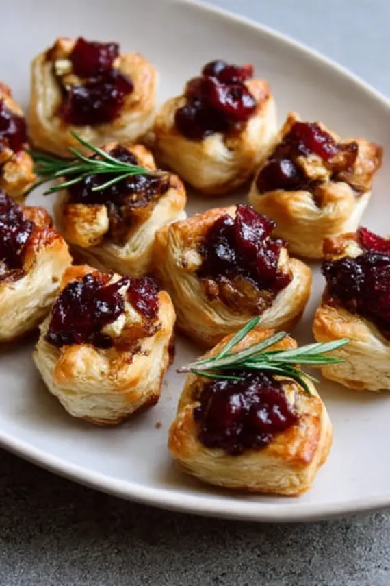 Golden brown cranberry brie puff pastry bites fresh from the oven on a baking sheet