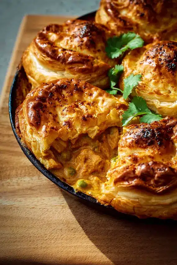 Butter chicken puff pastry pies served on a platter with garnishes