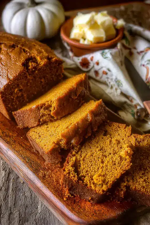 Sliced pumpkin bread showing moist interior and golden crust