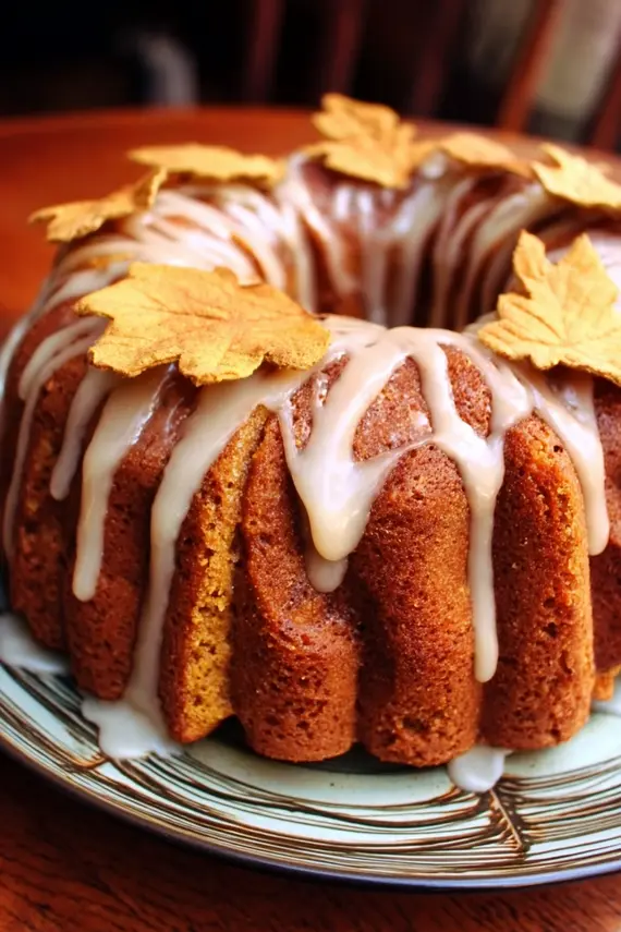 Freshly baked sour cream cinnamon swirl pumpkin bundt cake with drizzled frosting