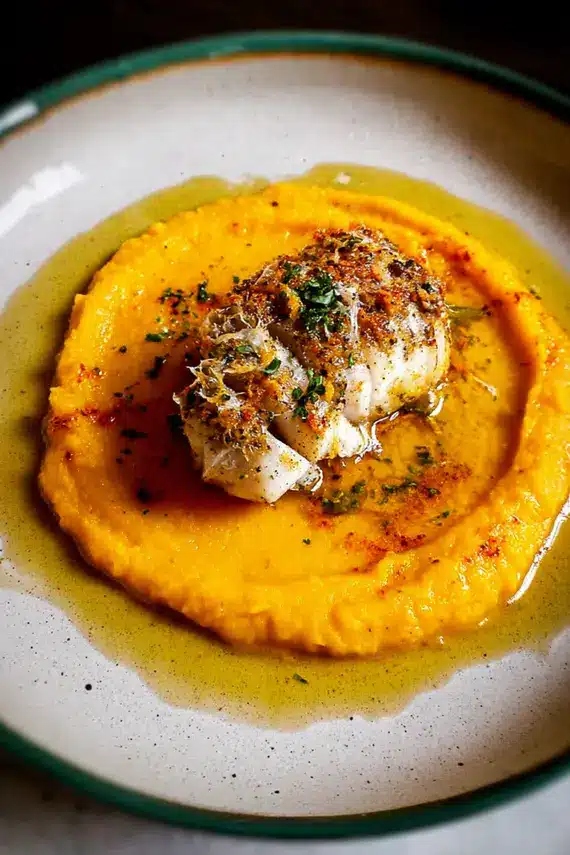 Smooth pumpkin puree in a bowl with garnishes