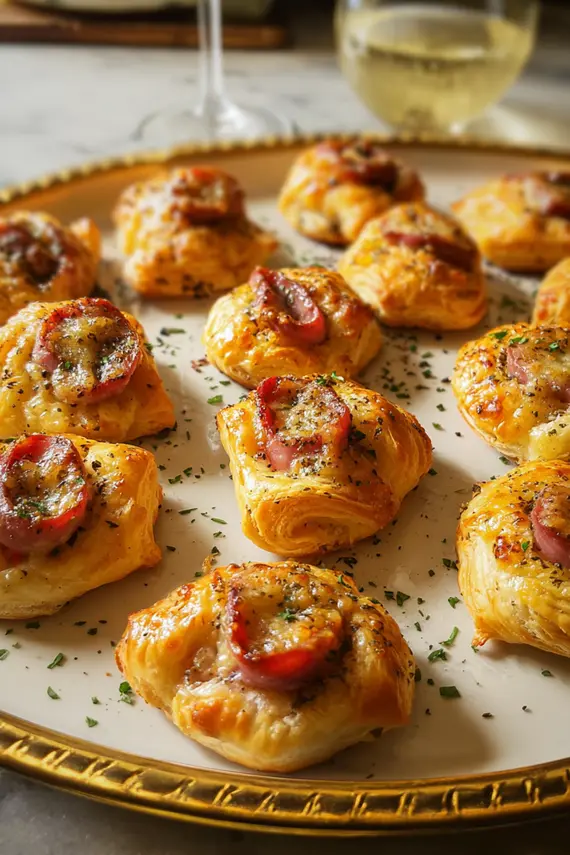 Elegantly arranged ham cheese puff pastry bites on a serving board with garnishes