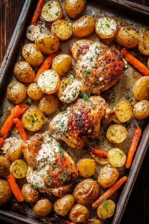 Close-up of ranch-seasoned chicken thighs with roasted vegetables on a white serving plate