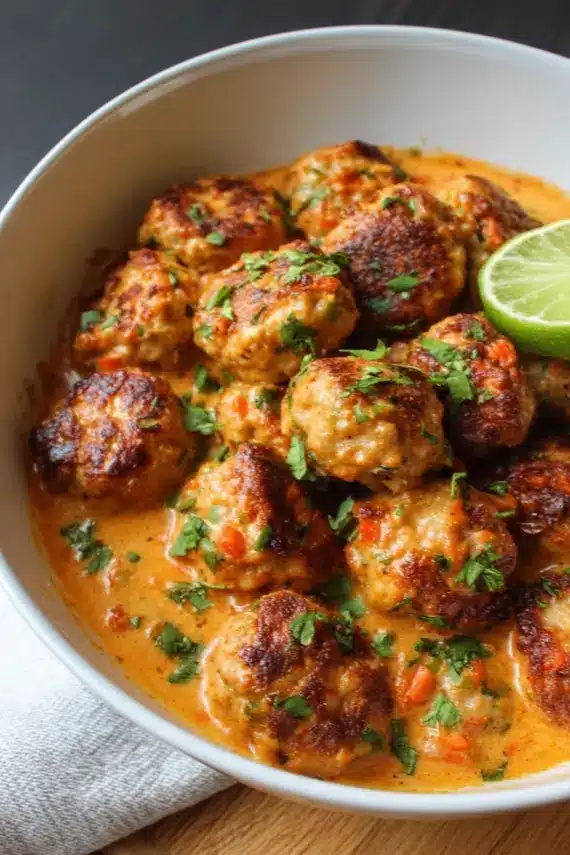Plate of Thai Red Curry Chicken Meatballs garnished with fresh herbs and lime