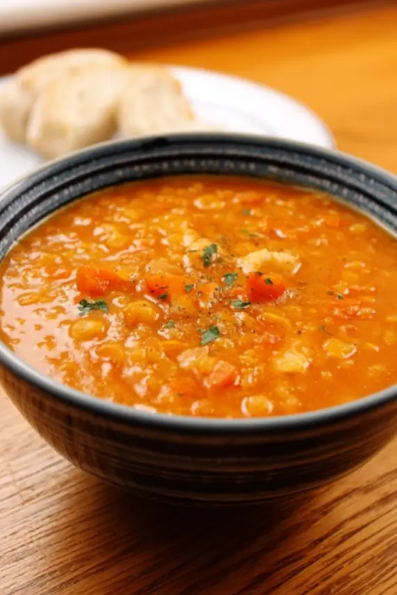 Bowl of steaming chicken red lentil soup with fresh herbs and lemon garnish