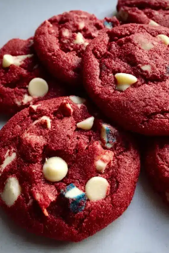 Freshly baked red white blue red velvet cookies showing marbled effect
