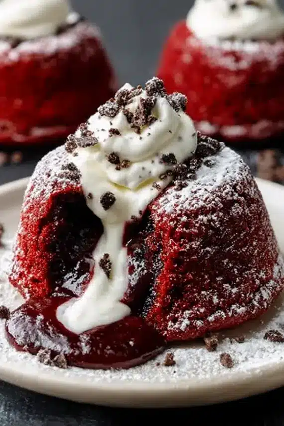 Red velvet lava cake with molten center flowing onto a white plate, garnished with cookie crumbles and powdered sugar