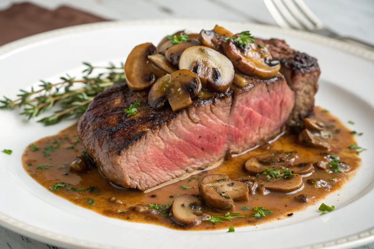 Ribeye with Mushroom Peppercorn Sauce