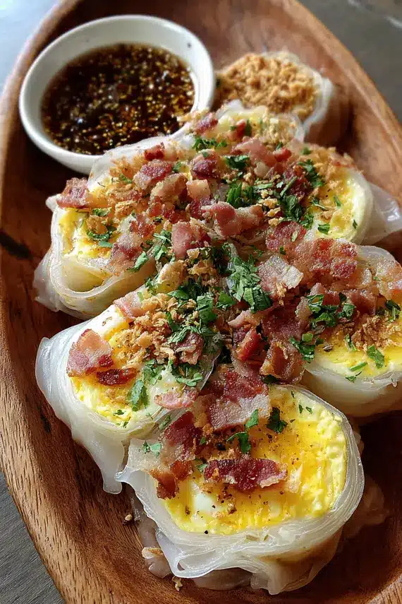 Freshly made bacon egg cheddar rice paper rolls on a serving plate