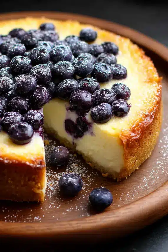 Freshly baked lemon blueberry ricotta cheesecake with blueberries scattered on top